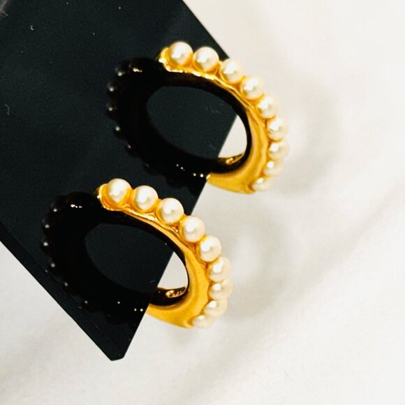 Vintage Napier Gold Tone Faux Pearl Half Hoop Screw Back Earrings - Picture 5 of 8